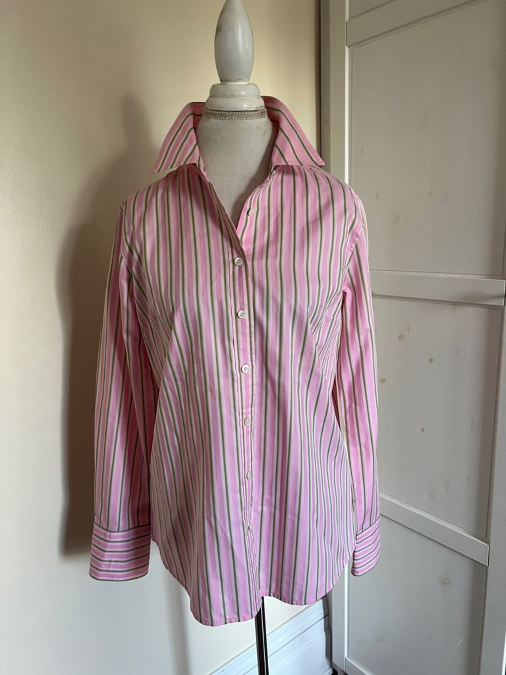 Vintage J. Crew Pink & Green Striped Button Down Shirt - Slim Fit - Size Large